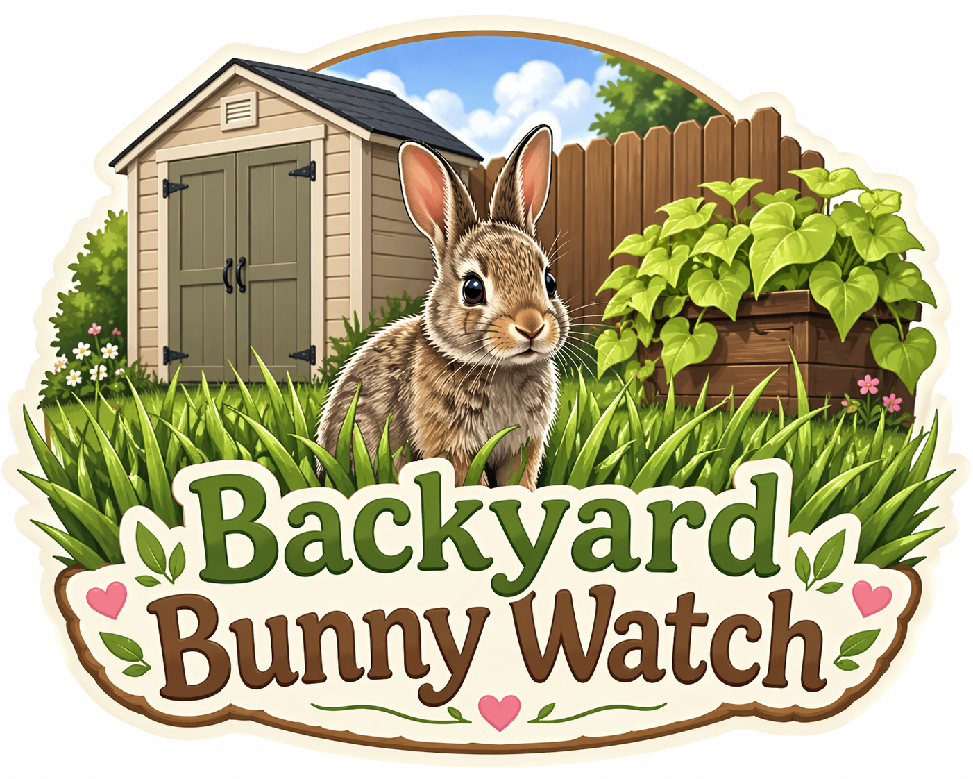 Backyard Bunny Watch logo showing a baby bunny in St. Augustine grass with a shed, wooden fence, and planter box.